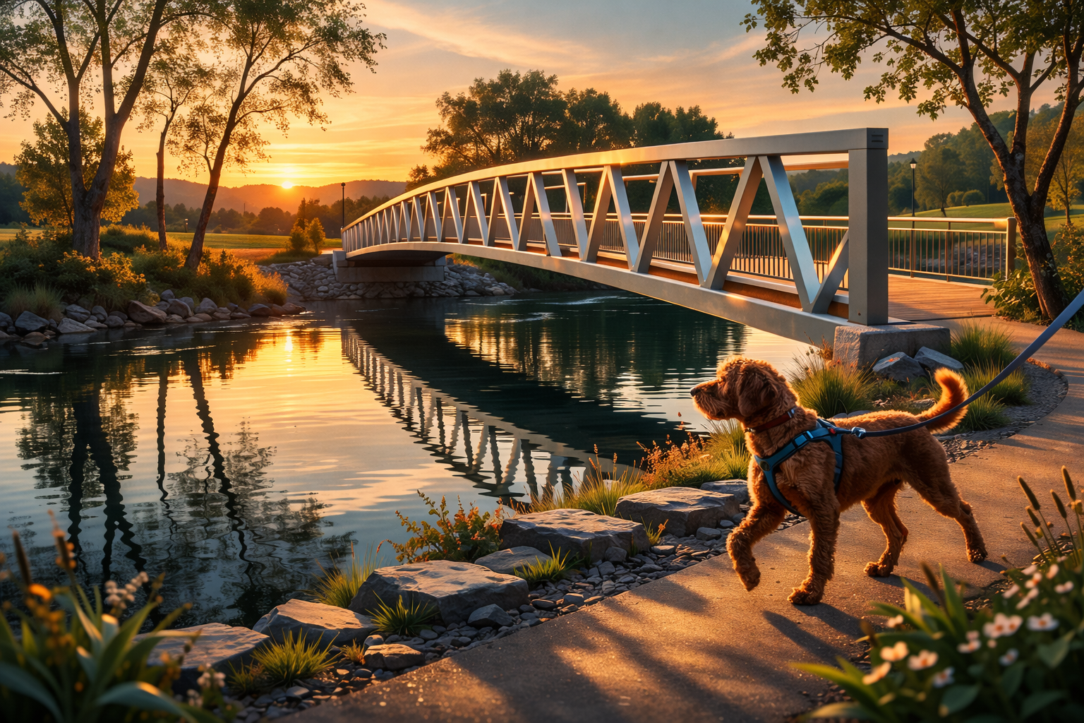 Chien en harnais près du pont au coucher de soleil