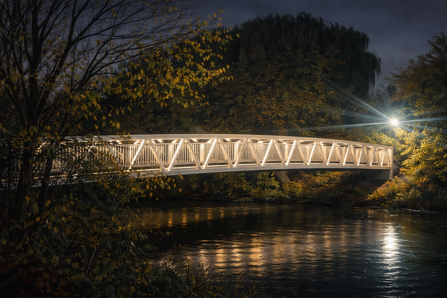 Pont éclairé la nuit avec neige